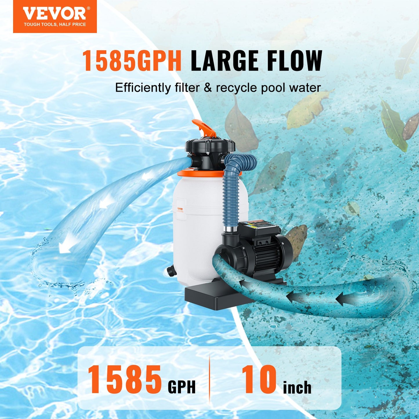 Sand Filter Pump for Above Ground Pools, 10-inch, 1585 GPH, 0.33 HP Swimming Pool Pumps System & Filters Combo Set with 5-Way Multi-Port Valve & Pressure Gauge, for Domestic and Commercial Pools