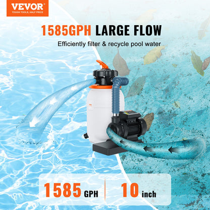 Sand Filter Pump for Above Ground Pools, 10-inch, 1585 GPH, 0.33 HP Swimming Pool Pumps System & Filters Combo Set with 5-Way Multi-Port Valve & Pressure Gauge, for Domestic and Commercial Pools