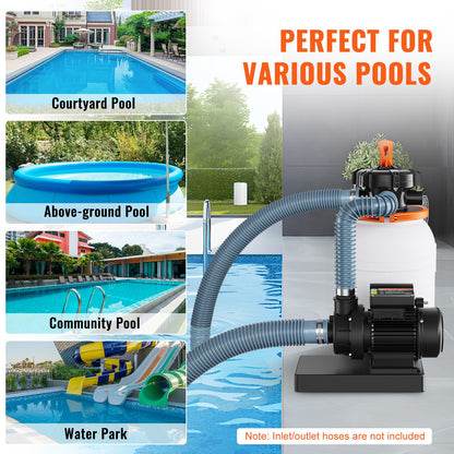 Sand Filter Pump for Above Ground Pools, 10-inch, 1585 GPH, 0.33 HP Swimming Pool Pumps System & Filters Combo Set with 5-Way Multi-Port Valve & Pressure Gauge, for Domestic and Commercial Pools