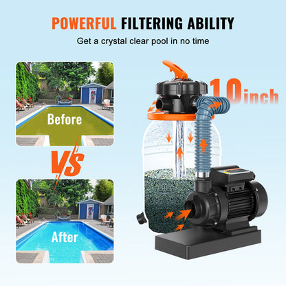 Sand Filter Pump for Above Ground Pools, 10-inch, 1585 GPH, 0.33 HP Swimming Pool Pumps System & Filters Combo Set with 5-Way Multi-Port Valve & Pressure Gauge, for Domestic and Commercial Pools