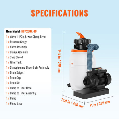 Sand Filter Pump for Above Ground Pools, 10-inch, 1585 GPH, 0.33 HP Swimming Pool Pumps System & Filters Combo Set with 5-Way Multi-Port Valve & Pressure Gauge, for Domestic and Commercial Pools