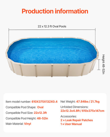 Ovale Poolfolie, 6,7 x 3,7 m, Überlapp-Poolfolie, 132 cm Wandhöhe