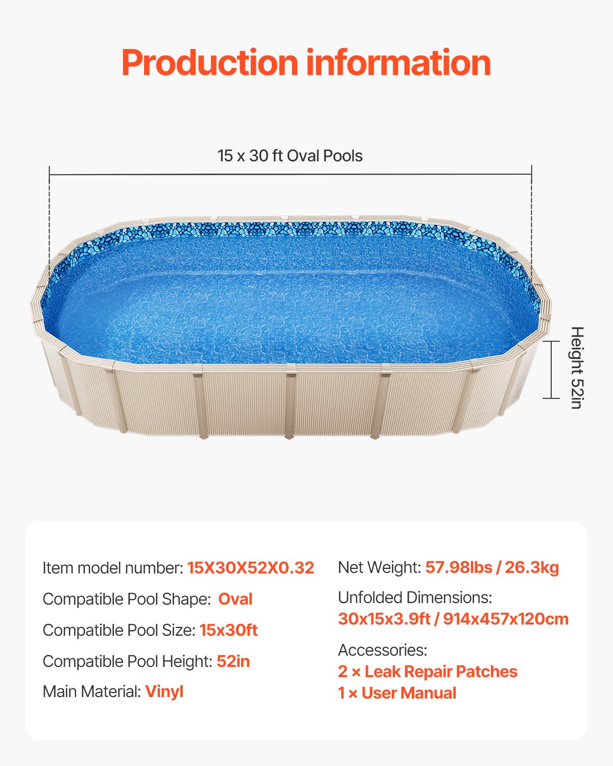 15 x 30 ft Oval Pool Liner, Unibead Above Ground Pool Liners, 52in Wall Height, Durable Standard Gauge Vinyl, Designed for Steel Sided Above-Ground Swimming Pools