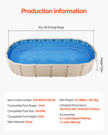 15 x 30 ft Oval Pool Liner, Unibead Above Ground Pool Liners, 52in Wall Height, Durable Standard Gauge Vinyl, Designed for Steel Sided Above-Ground Swimming Pools