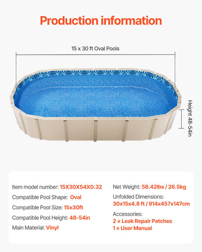 15 x 30 ft Oval Pool Liner, Overlap Style Above Ground Pool Liners, 48-to-54inch Wall Height, Durable Pool Liner, Standard Gauge Vinyl, for Steel Sided Above-Ground Swimming Pools