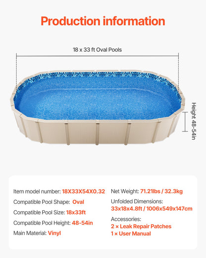 Oval Pool Liner 18x33ft Overlap Style Pool Liner 54in Wall Height