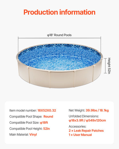 18-ft Round Above Ground Pool Liner, Unibead Pool Liners, Standard Gauge, 52inch Wall Height, Designed for Steel Sided Above-Ground Swimming Pools