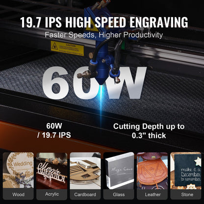 60W CO2 Laser Engraver, 16 x 24 in, 19.7 IPS Laser Cutter Machine with 2-Way Pass Air Assist, Compatible with LightBurn, CorelDRAW, AutoCAD, Windows, Mac OS, Linux, for Wood Acrylic Fabric More
