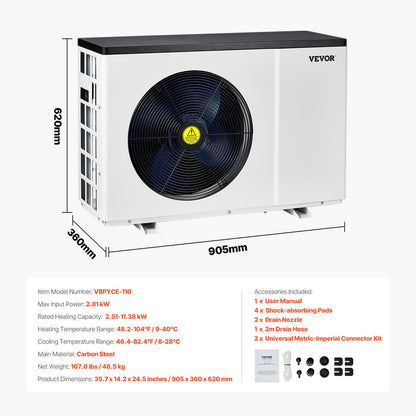 Electric pool heat pump 2.51-11.38kW Energy-saving variable frequency