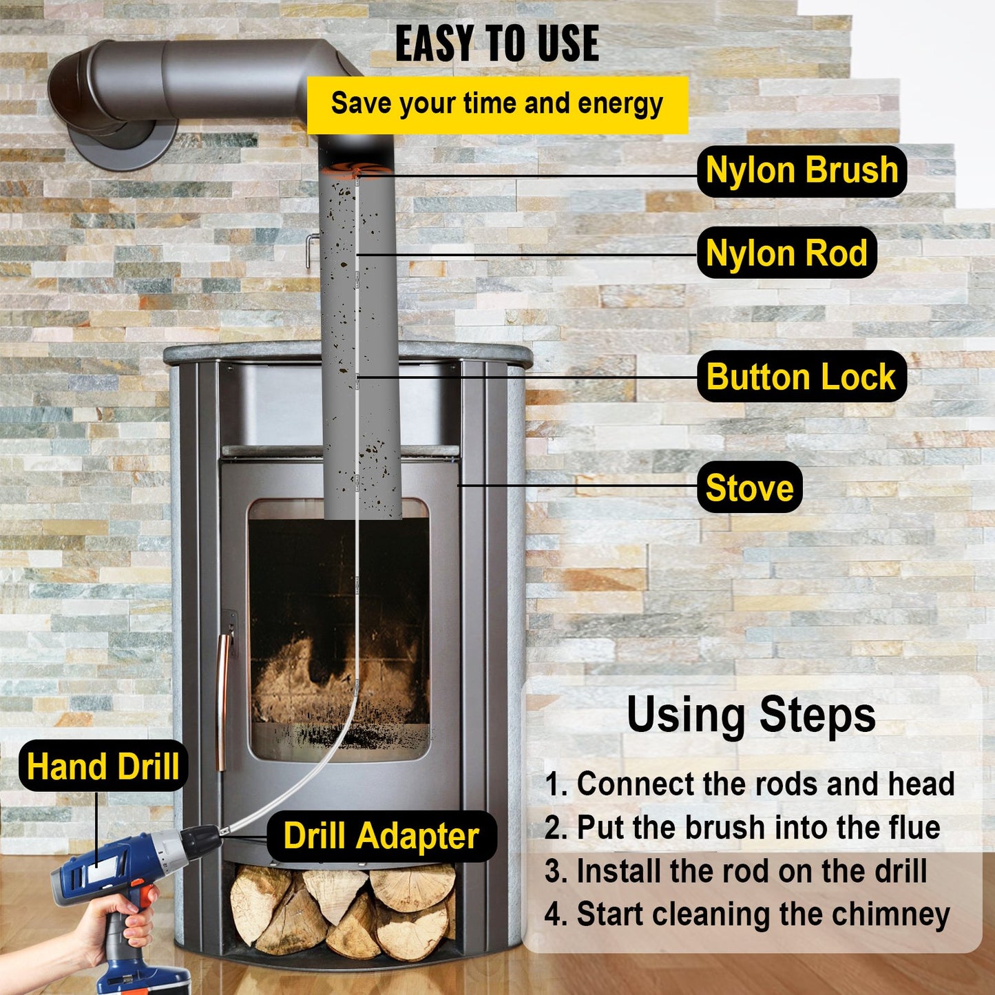 Chimney Sweep Kit 39FT Length, Chimney Brush Kit with 12 Nylon Flexible Rods and 2 Brush Head, Rotary Chimney Cleaning Kit Driven by Drill, Chimney Brush Rod Kit for Sweeping Fireplace
