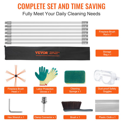 7m Sweeper Set, with 7 Reinforced Flexible Nylon Rods, Ergonomic Chimney Cleaning Brush, 360-Degree Brush, Chimney Cleaner, Rich Flue Accessories for Fireplaces Home Use Fits Most Pipes