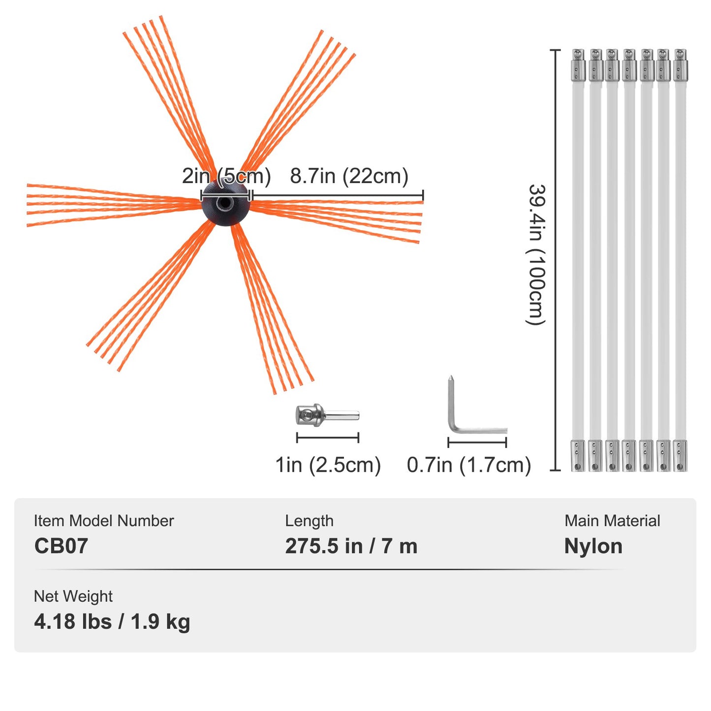 7m Sweeper Set, with 7 Reinforced Flexible Nylon Rods, Ergonomic Chimney Cleaning Brush, 360-Degree Brush, Chimney Cleaner, Rich Flue Accessories for Fireplaces Home Use Fits Most Pipes