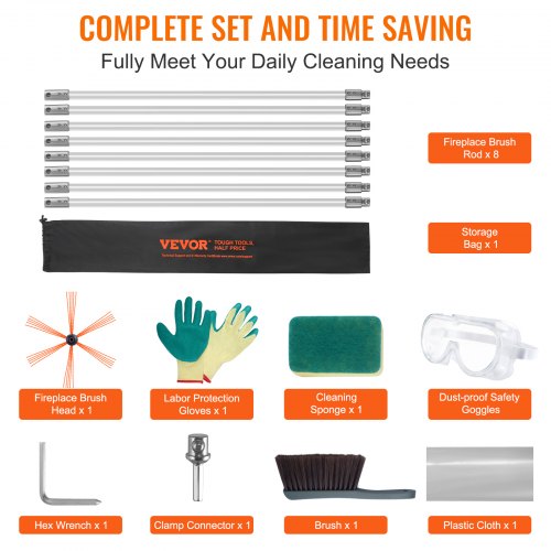 8m Chimney Sweep Kit, with 8 Reinforced Flexible Nylon Rods, Ergonomic Chimney Cleaning Brush, 360-Degree Brush, Chimney Cleaner, Rich Flue Accessories for Fireplaces Home Use Fits Most Pipes | EU