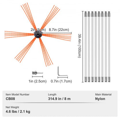 8m Chimney Sweep Kit, with 8 Reinforced Flexible Nylon Rods, Ergonomic Chimney Cleaning Brush, 360-Degree Brush, Chimney Cleaner, Rich Flue Accessories for Fireplaces Home Use Fits Most Pipes | EU