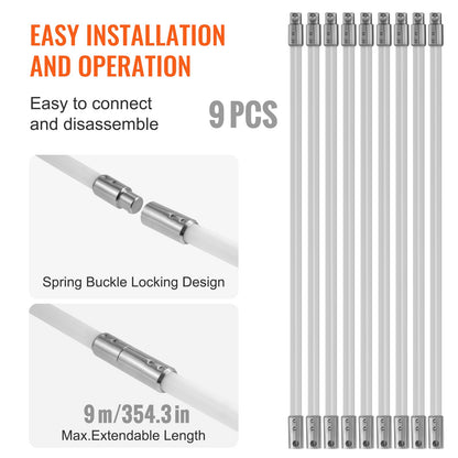 9 m langes Schornsteinfeger-Set mit 9 verstärkten, flexiblen Nylonstäben, ergonomischer Schornsteinreinigungsbürste, 360-Grad-Bürste, Schornsteinreiniger, umfangreiches Rauchabzugszubehör für Kamine im Privatgebrauch, passend für die meisten Rohre