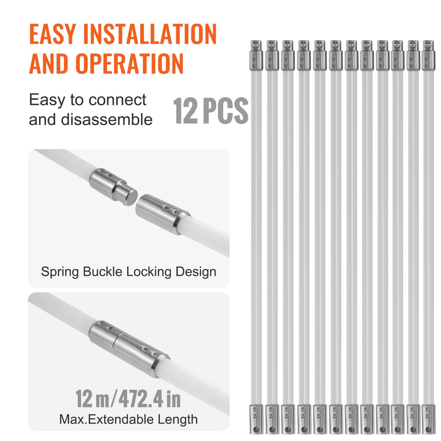 12 m Kehrset, mit 12 verstärkten flexiblen Nylonstäben, ergonomische Kaminreinigungsbürste, 360-Grad-Bürste, Kaminreiniger, reichhaltiges Rauchabzugszubehör für Kamine, Heimgebrauch, passend für die meisten Rohre