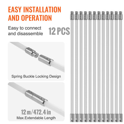 12 m Kehrset, mit 12 verstärkten flexiblen Nylonstäben, ergonomische Kaminreinigungsbürste, 360-Grad-Bürste, Kaminreiniger, reichhaltiges Rauchabzugszubehör für Kamine, Heimgebrauch, passend für die meisten Rohre