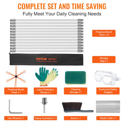 12 m Kehrset, mit 12 verstärkten flexiblen Nylonstäben, ergonomische Kaminreinigungsbürste, 360-Grad-Bürste, Kaminreiniger, reichhaltiges Rauchabzugszubehör für Kamine, Heimgebrauch, passend für die meisten Rohre