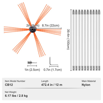12 m Kehrset, mit 12 verstärkten flexiblen Nylonstäben, ergonomische Kaminreinigungsbürste, 360-Grad-Bürste, Kaminreiniger, reichhaltiges Rauchabzugszubehör für Kamine, Heimgebrauch, passend für die meisten Rohre
