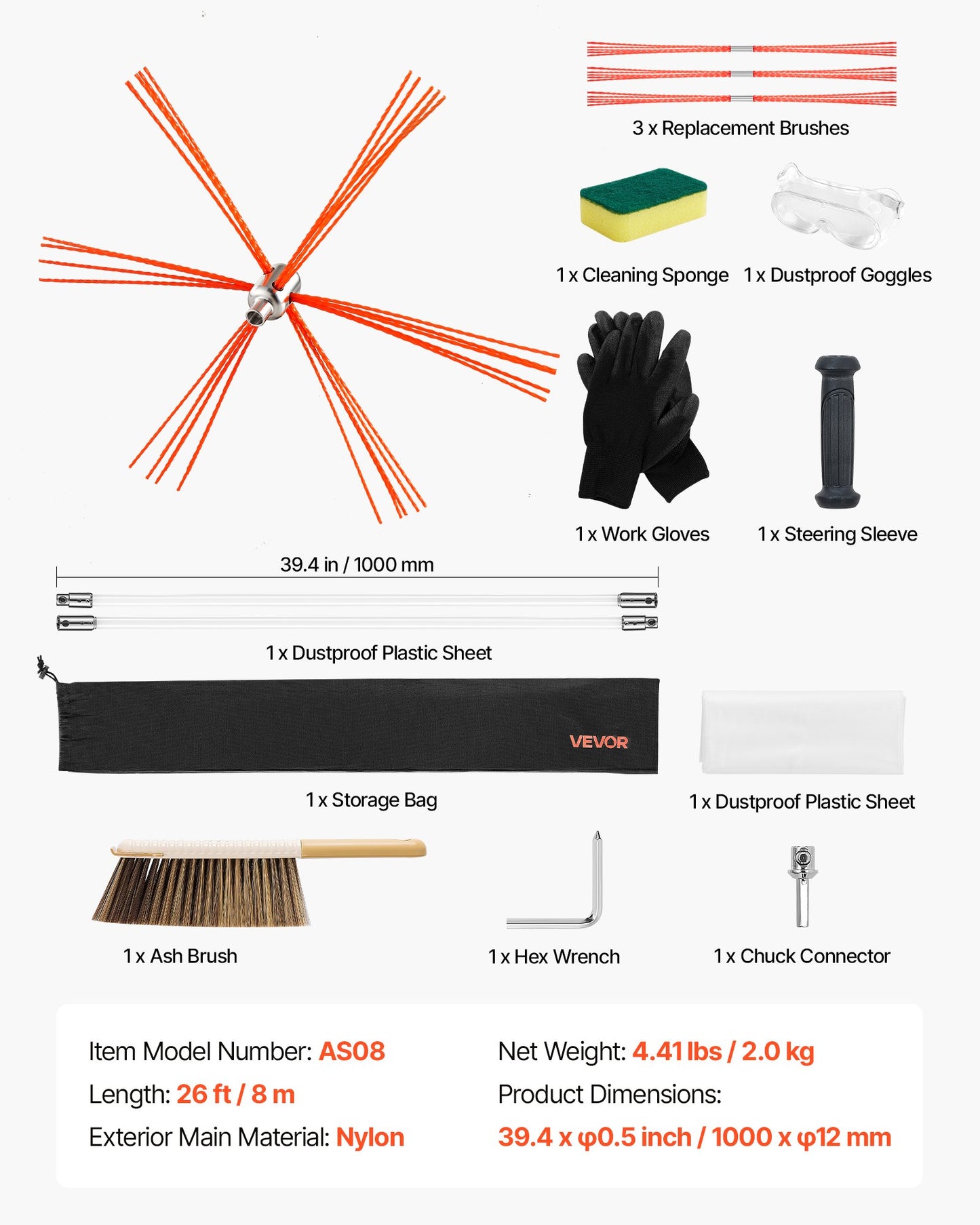 Chimney Sweep Kit, 26 ft Maximum Extendable Length Chimney Brush, Chimneys Cleaning Kit with Bristle Replacements & Goggles, 90° Bendable Fireplace Cleaning Tool, for Square, Rectangle Chimneys