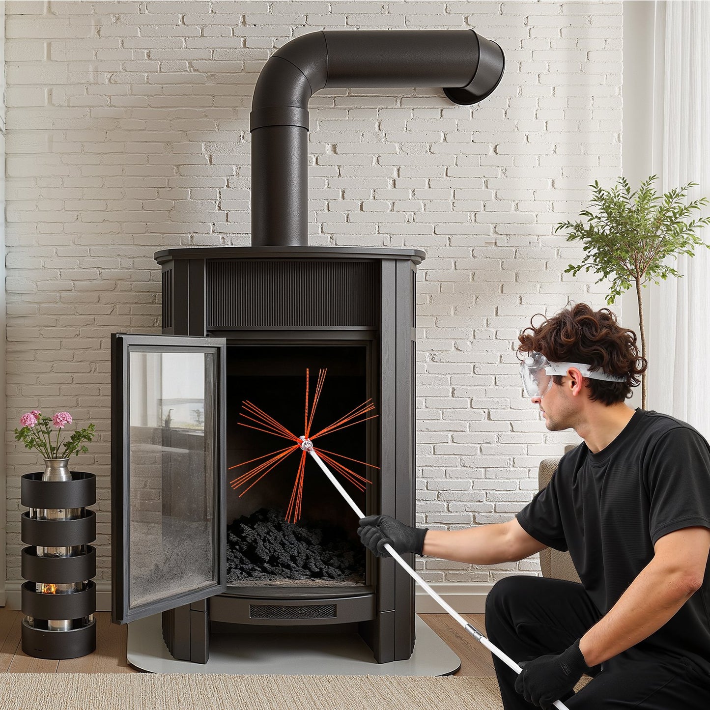 Chimney Sweep Kit, 26 ft Maximum Extendable Length Chimney Brush, Chimneys Cleaning Kit with Bristle Replacements & Goggles, 90° Bendable Fireplace Cleaning Tool, for Square, Rectangle Chimneys