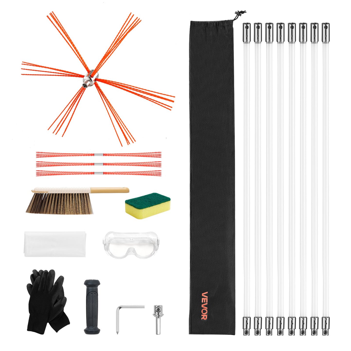 Chimney Sweep Kit, 26 ft Maximum Extendable Length Chimney Brush, Chimneys Cleaning Kit with Bristle Replacements & Goggles, 90° Bendable Fireplace Cleaning Tool, for Square, Rectangle Chimneys