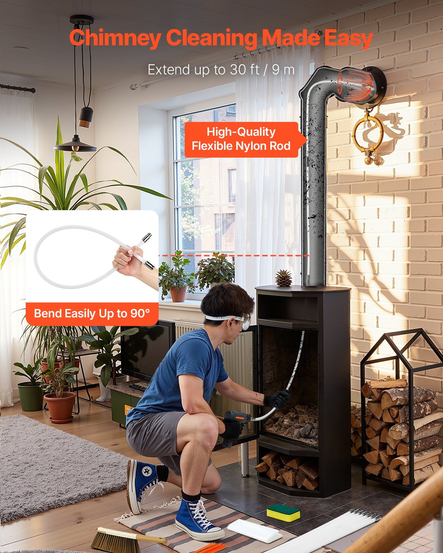 Chimney Sweep Kit, 30 ft Maximum Extendable Length Chimney Sweep, Chimneys Cleaning Kit with Bristle Replacements & Goggles, 90° Bendable Fireplace Cleaning Tool, for Square, Rectangle Chimneys