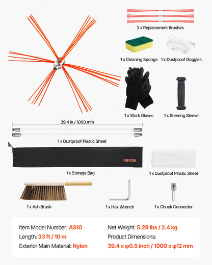 Chimney Sweep Kit, 33 ft Maximum Extendable Length Chimney Brush, Chimneys Cleaning Kit with Bristle Replacements & Goggles, 90° Bendable Fireplace Cleaning Tool, for Square, Rectangle Chimneys