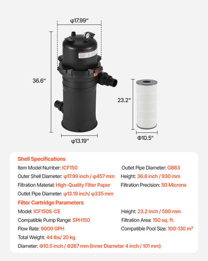 Pool Cartridge Filter, 150 sq.ft², High-Efficiency Swimming Pool Filter with Valve, 9000 GPH Spa Filtration Cleaning & Clearing System for In-Ground & Above Pools up to 34342 Gallons