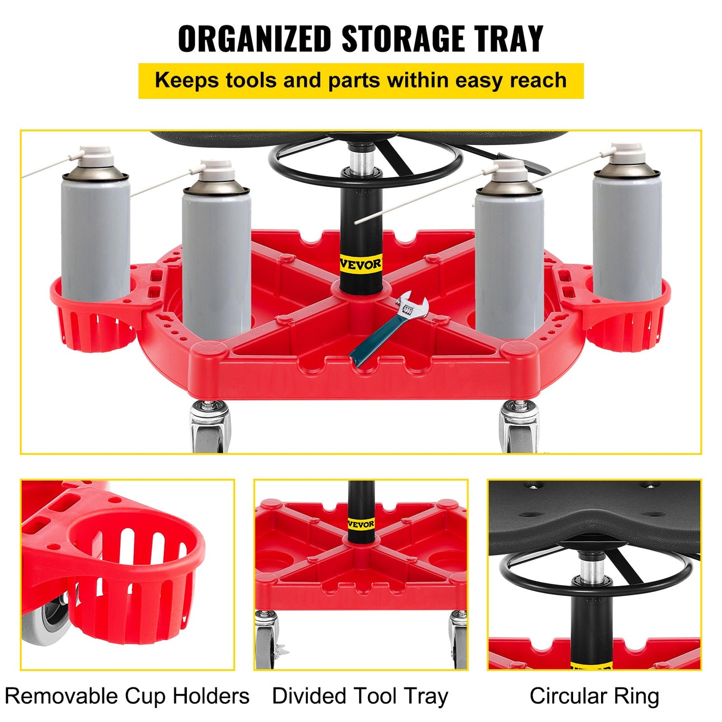 Rolling Garage Stool, 300LBS Capacity, Adjustable Height from 18 in to 23 in, 360-degree Swivel Wheels (4\"), Large Tool Tray with Two Bottle Holder, for Workshop, Auto Repair Shop, Red