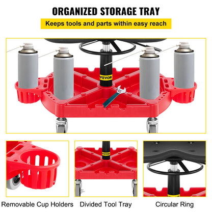 Rolling Garage Stool, 300LBS Capacity, Adjustable Height from 18 in to 23 in, 360-degree Swivel Wheels (4\"), Large Tool Tray with Two Bottle Holder, for Workshop, Auto Repair Shop, Red