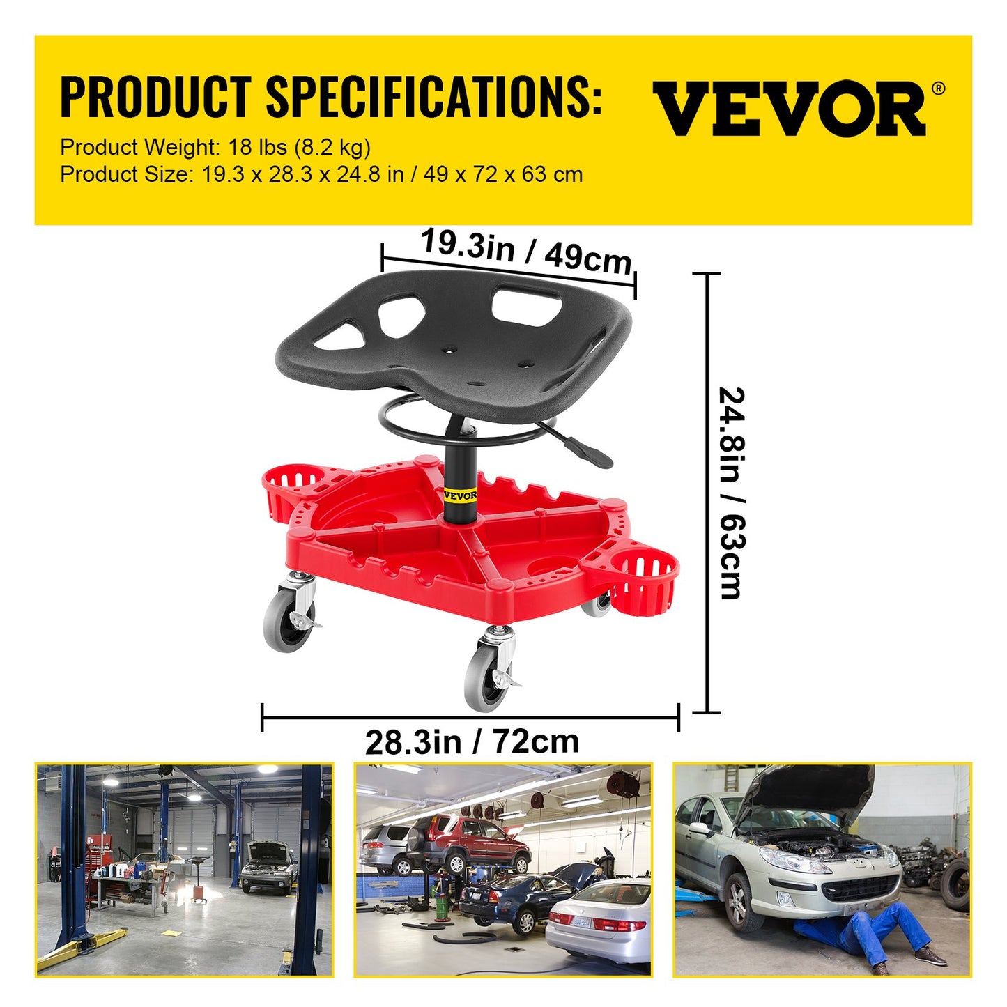 Rolling Garage Stool, 300LBS Capacity, Adjustable Height from 18 in to 23 in, 360-degree Swivel Wheels (4\"), Large Tool Tray with Two Bottle Holder, for Workshop, Auto Repair Shop, Red