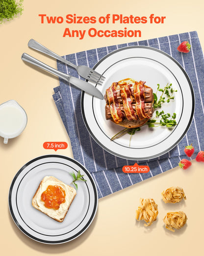 Plastic Disposable Plates, 350 Pcs Plastic Dinnerware Set, Include 50 Dinner Plates, 50 Dessert Plates, 50 Pre-Rolled Napkins, 50 Forks, 50 Knives, 50 Spoons, and 50 Cups, for Party and Wedding