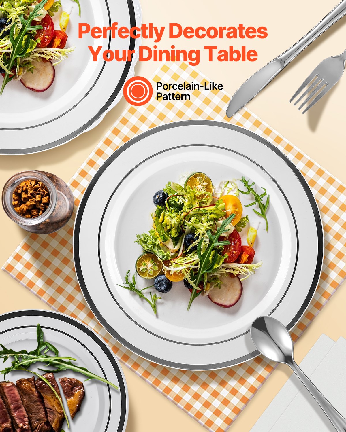Plastic Disposable Plates, 350 Pcs Plastic Dinnerware Set, Include 50 Dinner Plates, 50 Dessert Plates, 50 Pre-Rolled Napkins, 50 Forks, 50 Knives, 50 Spoons, and 50 Cups, for Party and Wedding