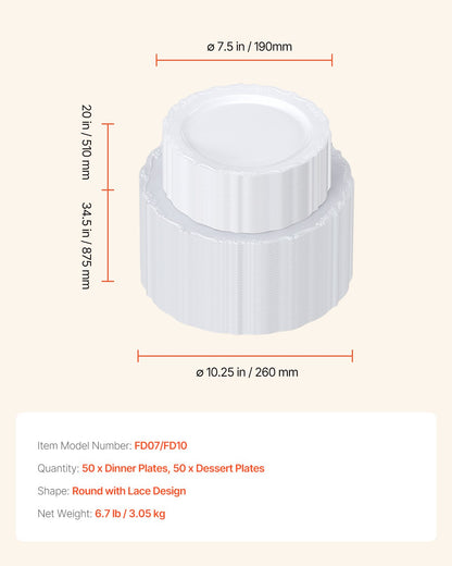 Plastic Disposable Plates, 100 Pcs White Plastic Plates, Heavy Duty Plastic Plates with 50 Pcs 9.8 Inch Plastic Dinner Plates and 50 Pcs 7.5 Inch Plastic Dessert Plates, for Wedding and Party