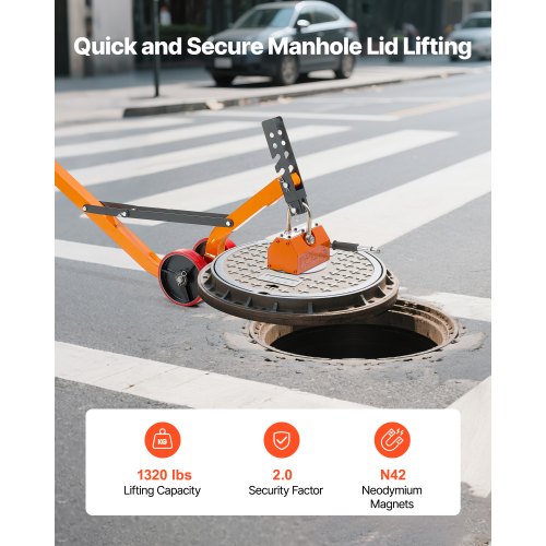 Magnetisk locklyftare, 600 kg dragkapacitet, stålvagn med kraftig magnetlyft och 2 hjul, justerbart handtag, N42 neodym, hopfällbar och bärbar, för lyft av brunnslock |  EU