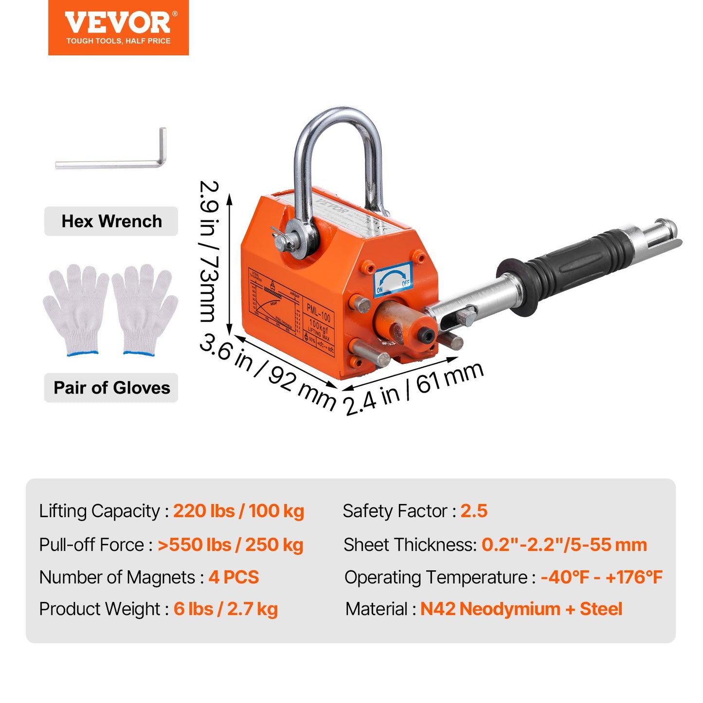 Magnetic Lifter, 220 lbs/100 kg Pulling Capacity, 2.5 Safety Factor, Neodymium & Steel, Lifting Magnet with Release, Permanent Lift Magnets, Heavy Duty Magnet for Hoist, Shop Crane, Block, Board