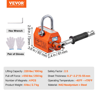 Magnetic Lifter, 220 lbs/100 kg Pulling Capacity, 2.5 Safety Factor, Neodymium & Steel, Lifting Magnet with Release, Permanent Lift Magnets, Heavy Duty Magnet for Hoist, Shop Crane, Block, Board