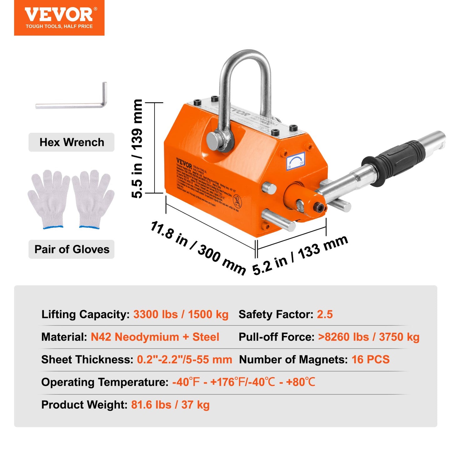 Magnetic Lifter, 3300lbs/1500kg Pulling Capacity, 2.5 Safety Factor, Neodymium & Steel, Lifting Magnet with Release, Permanent Lift Magnets, Heavy Duty Magnet for Hoist, Shop Crane, Block, Board