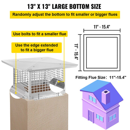 Chimney Cap, 13\" x 13\" Flue Caps, 304 Stainless Steel Fireplace Chimney Cover, Adjustable Metal Spark Arrestor with Bolts Screws, Mesh Chimney Flue Cover for Outside Existing Clay Flue Tile