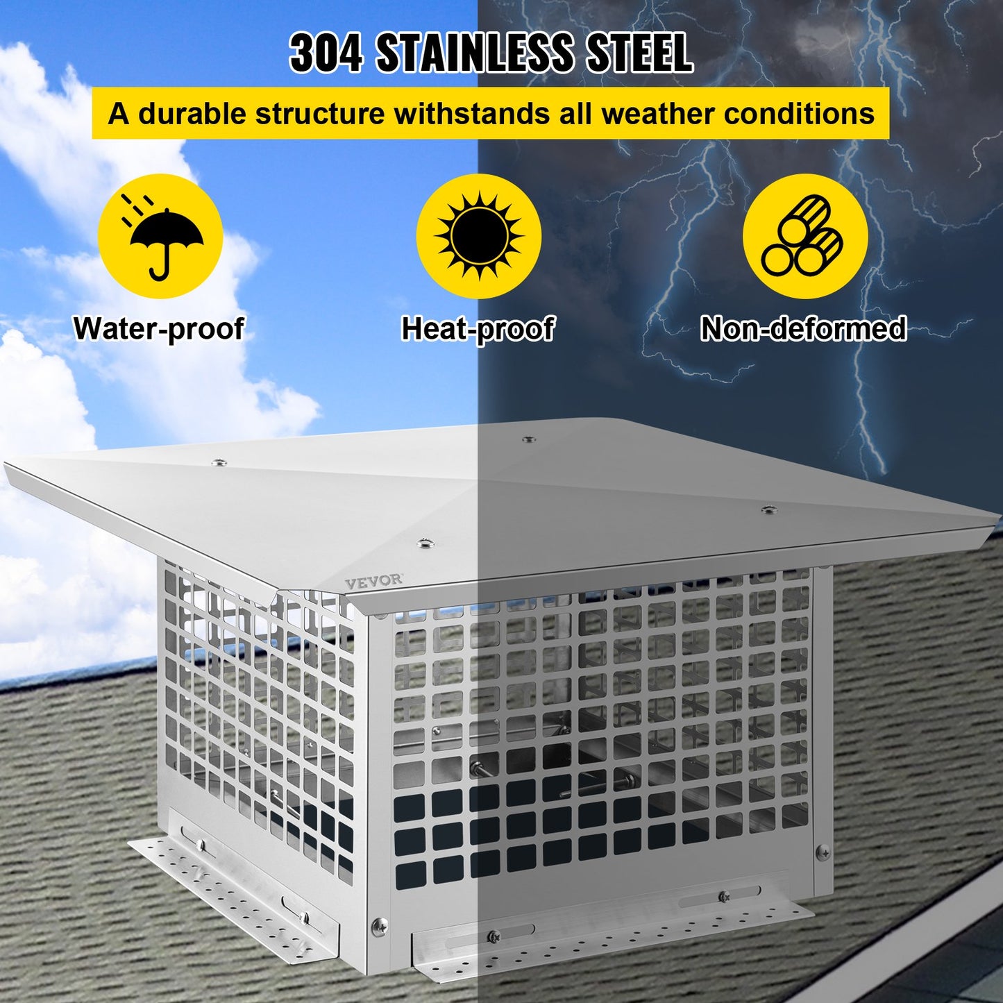 Chimney Cap, 13\" x 13\" Flue Caps, 304 Stainless Steel Fireplace Chimney Cover, Adjustable Metal Spark Arrestor with Bolts Screws, Mesh Chimney Flue Cover for Outside Existing Clay Flue Tile