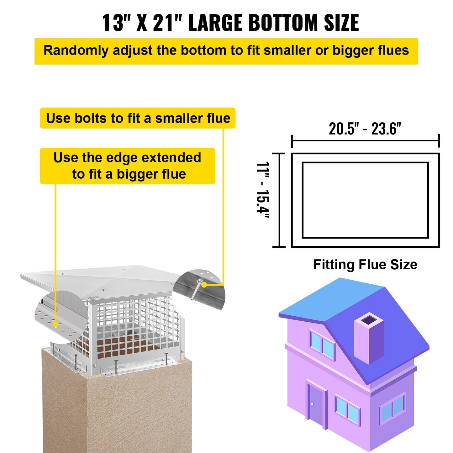 Chimney Cap, 13\" x 21\" Flue Caps, 304 Stainless Steel Fireplace Chimney Cover, Adjustable Metal Spark Arrestor with Bolts Screws, Mesh Chimney Flue Cover for Outside Existing Clay Flue Tile