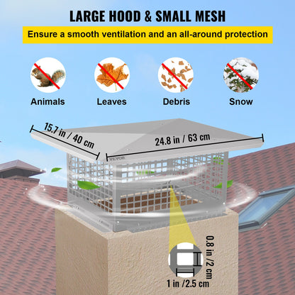 Chimney Cap, 13\" x 21\" Flue Caps, 304 Stainless Steel Fireplace Chimney Cover, Adjustable Metal Spark Arrestor with Bolts Screws, Mesh Chimney Flue Cover for Outside Existing Clay Flue Tile