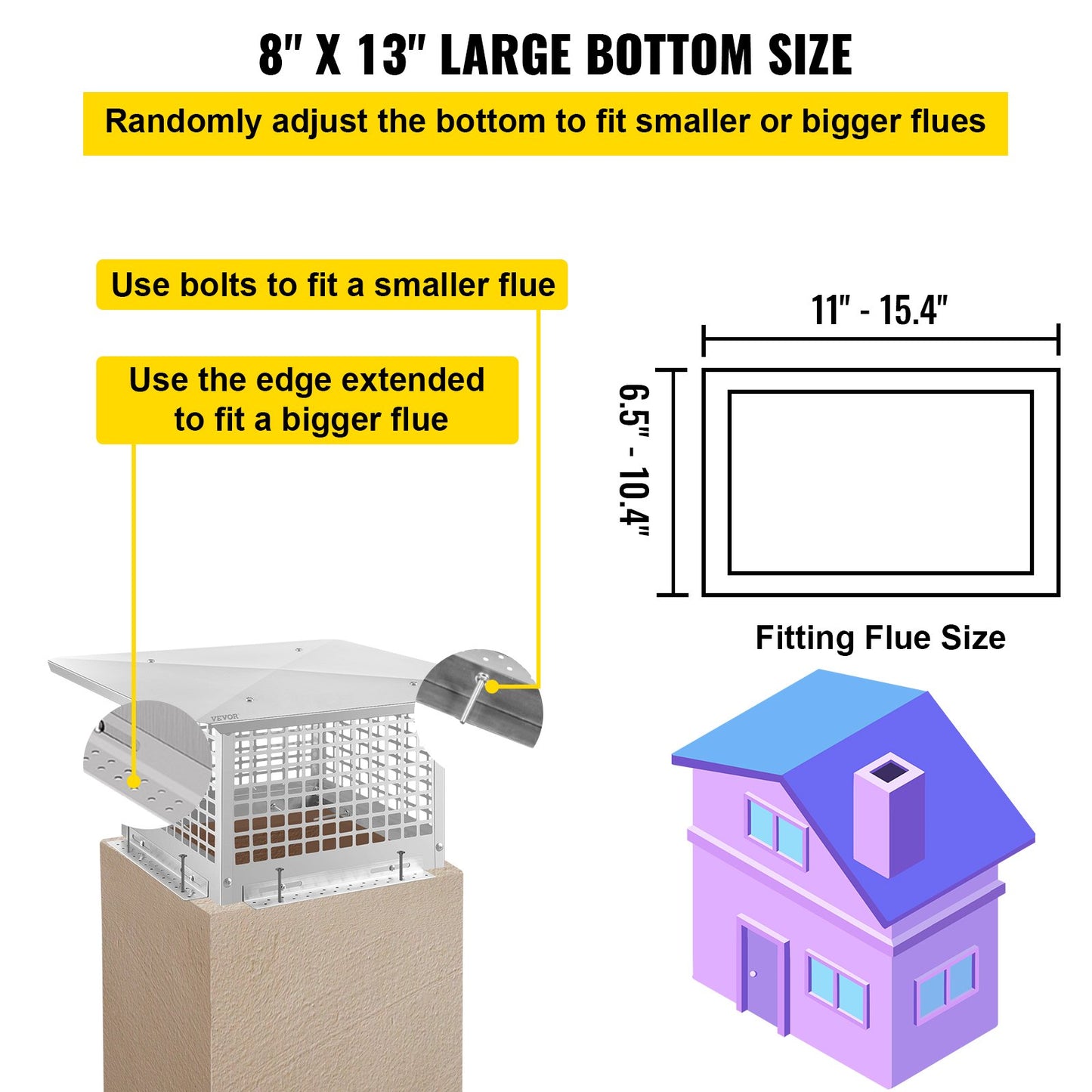 Chimney Cap, 8\" x 13\" Flue Caps, 304 Stainless Steel Fireplace Chimney Cover, Adjustable Metal Spark Arrestor with Bolts Screws, Mesh Chimney Flue Cover for Outside Existing Clay Flue Tile
