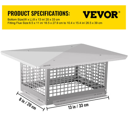 Chimney Cap, 8\" x 13\" Flue Caps, 304 Stainless Steel Fireplace Chimney Cover, Adjustable Metal Spark Arrestor with Bolts Screws, Mesh Chimney Flue Cover for Outside Existing Clay Flue Tile