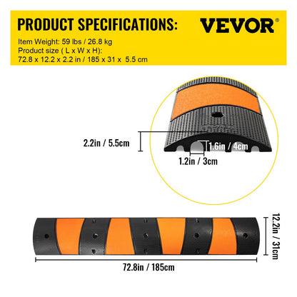 Rubber Speed Bump, 1 Pack 2 Channel Speed Bump Hump, 72.8\" Long Modular Speed Bump Rated 22000 LBS Load Capacity, 72.8 x 12.2 x 2.2 Garage Speed Bump for Asphalt Concrete Gravel Driveway-6 FT