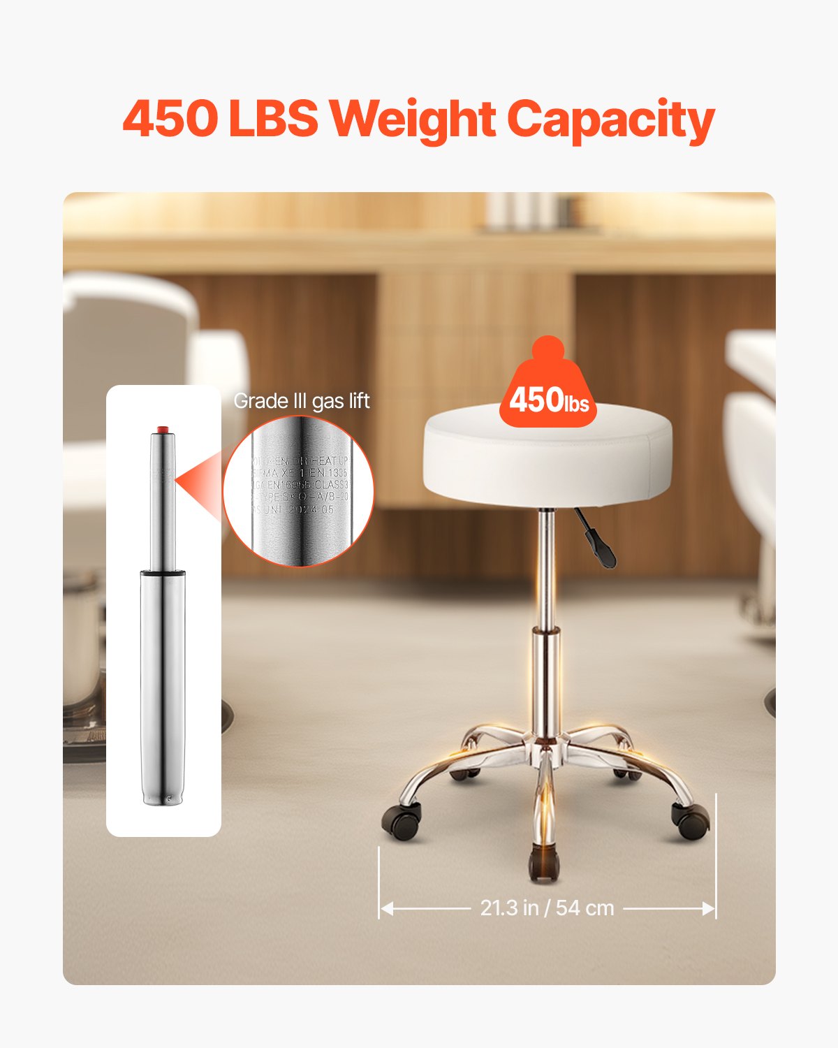 Rund Rullande Pall Svängbar Arbetspall med Hjul Höjdjusterbar Vit