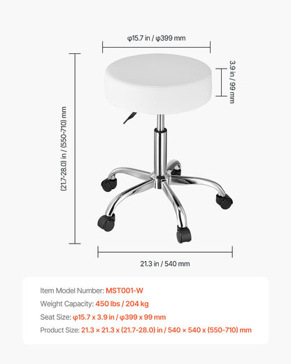 Rund Rullande Pall Svängbar Arbetspall med Hjul Höjdjusterbar Vit