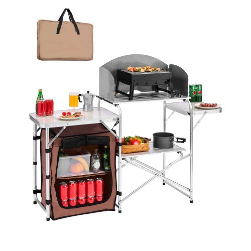Outdoor 2-Tier Kitchen with Zippered Bag, Portable Folding Cook Table for BBQ, Party and Camping, Brown