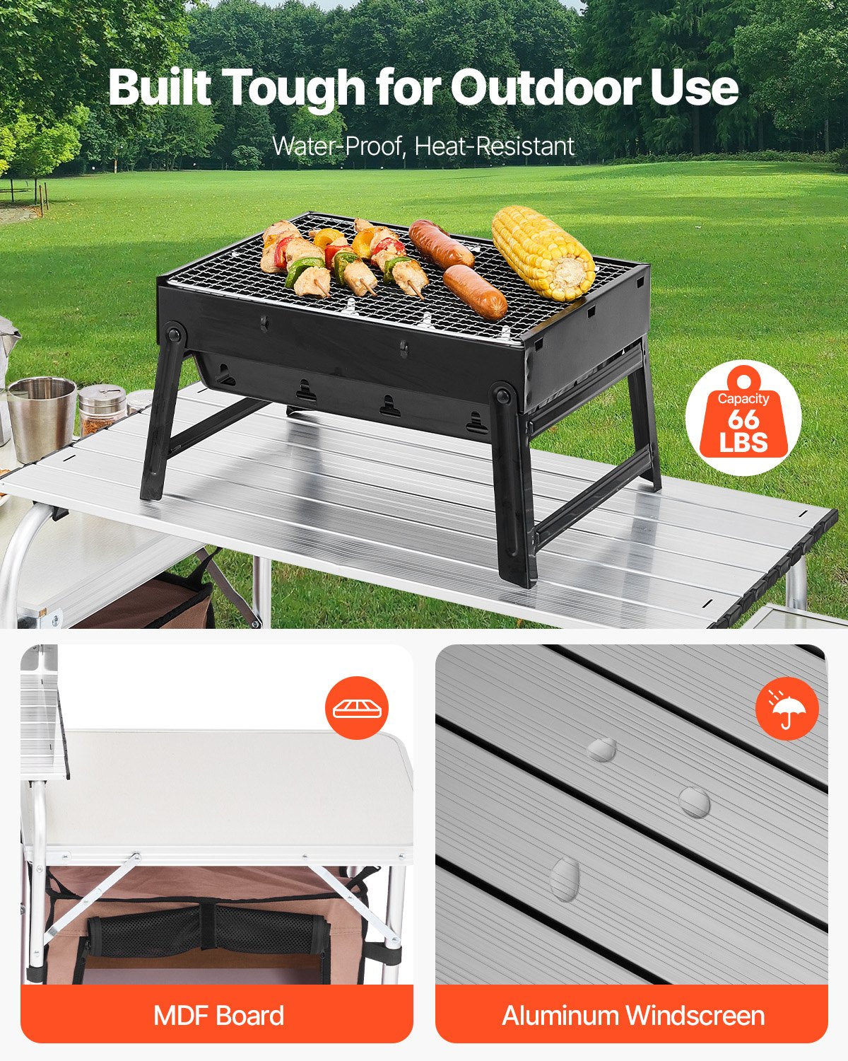 Outdoor 2-Tier Kitchen with Zippered Bag, Portable Folding Cook Table for BBQ, Party and Camping, Brown